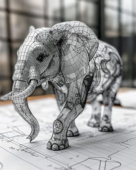 Wireframe Elephant Design in Modern Office. Selective focus.