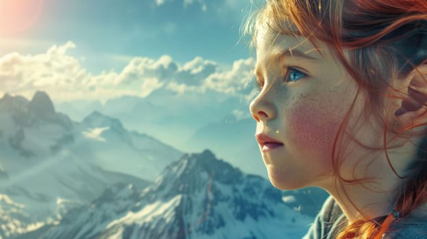 A young girl in contemplation, looking at a majestic mountain landscape under a clear blue sky. AIG50