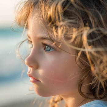 A closeup shot of a young girls face on the beach capturing her forehead, nose, cheek, lips, eyebrows, eyes, eyelashes, mouth, and jaw. The image was taken with flash photography AIG50