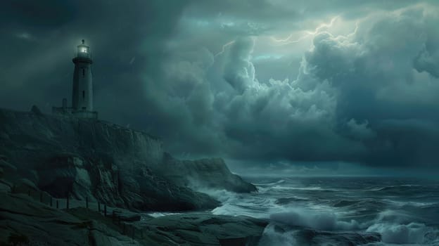 A lighthouse stands on a cliff above the ocean on a cloudy day, with water below, cumulus clouds in the sky, and wind waves on the horizon AIG50