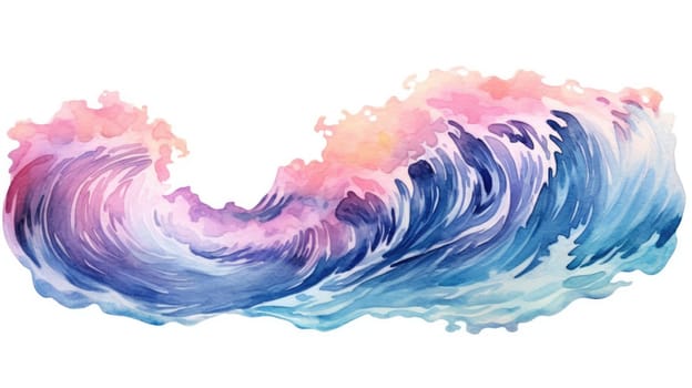 Watercolor wave image in blue and peach tones. Abstract artwork of ocean wave with pastel watercolor and separated white background in vibrant brushstroke. Abstract ocean and summer concept. AIG35.