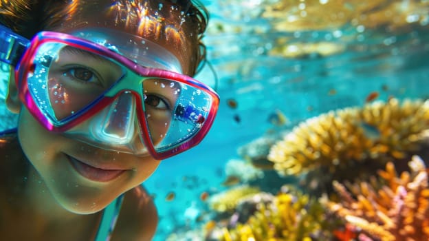 A young girl with diving equipment and a mask is exploring the underwater environment, swimming in the ocean to observe marine organisms and practice underwater diving AIG50
