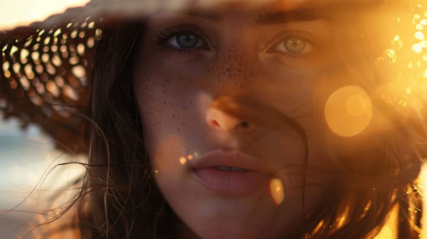 A closeup shot capturing the sun shining through a womans hat, highlighting her nose, eyebrows, eyelashes, and jaw. She looks happy and exudes beauty and fun with this fashion accessory AIG50