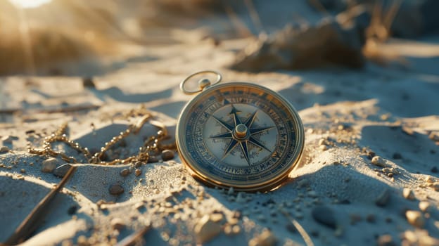 An automotive tire rests on a bed of soil, surrounded by a circle of wood and metal. A compass lies on top, set against a landscape of electric blue water and art AIG50