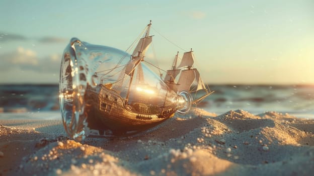 A wooden bottle with a miniature boat inside rests on the sandy soil. Nearby, a tree trunk lies on the natural landscape, surrounded by terrestrial plants and bedrock AIG50