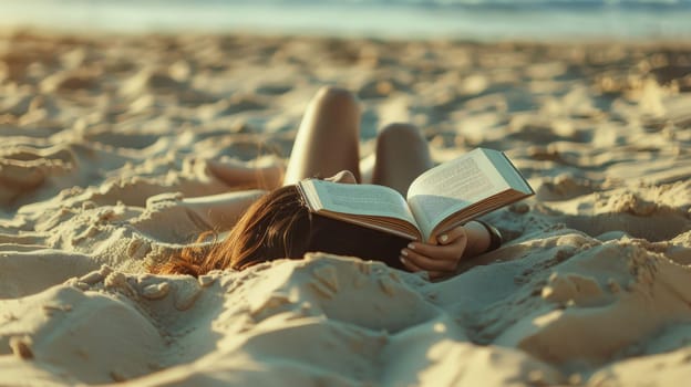 An art book floats through the windy sky above the sandy beach, blending with the clouds and water, creating a beautiful natural landscape AIG50