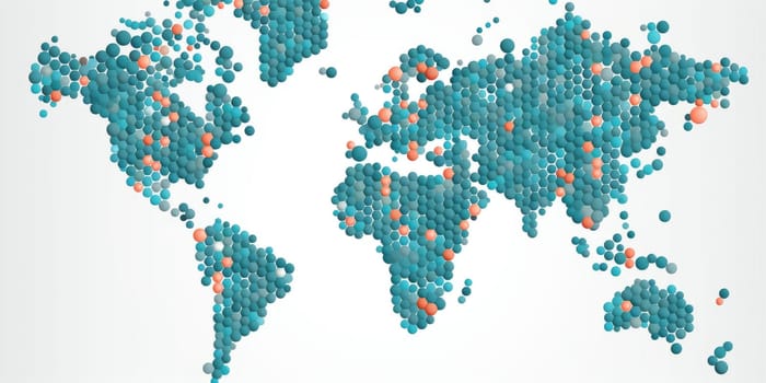 Abstract vibrant world map composed of multicolored circles on a light background. Global diversity and population distribution concept. Design for statistical graphics and cultural diversity. AIG35.