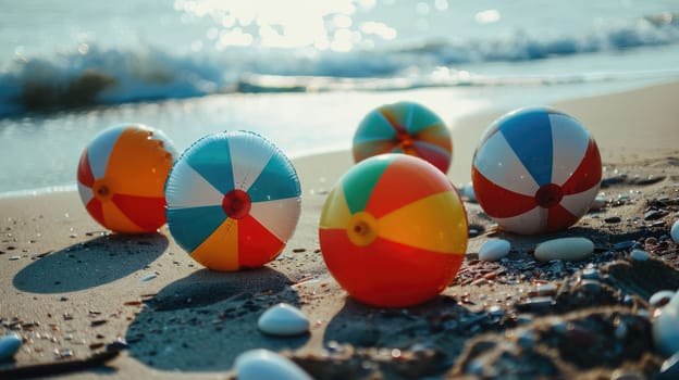 Three colorful beach balls are scattered on the sandy shore, inviting people to enjoy leisure and fun by the water. A perfect scene for a beach event or recreational activity AIG50