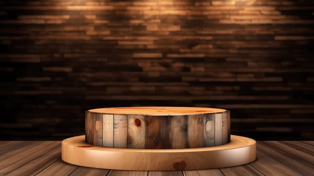 Wooden pedestal on dark background with spotlight. Circle wooden empty podium with spotlight highlighting for mock up product with red curtain behind. Product presentation and mockup concept. AIG35.
