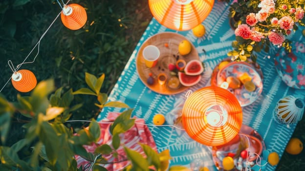 A group of people is gathered in a circle on blankets, surrounded by lanterns and lights, creating a beautifully illuminated space for a recreational event AIG50