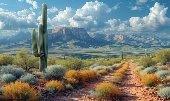 Desert Scene With Cactus and Mountains. Selective focus.