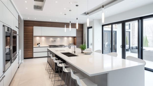 Spacious minimalist kitchen with sleek design, neutral colors, and ample natural light. Resplendent.