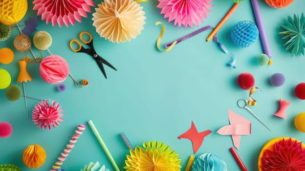 There is an array of craft supplies on the table including green textiles, plant motifs, aqua paint, magenta patterns, and creative art materials AIG50