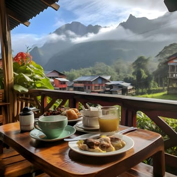 A table displays elegantly arranged dishes against a backdrop of majestic mountain ranges visible through the window, creating a stunning dining experience.