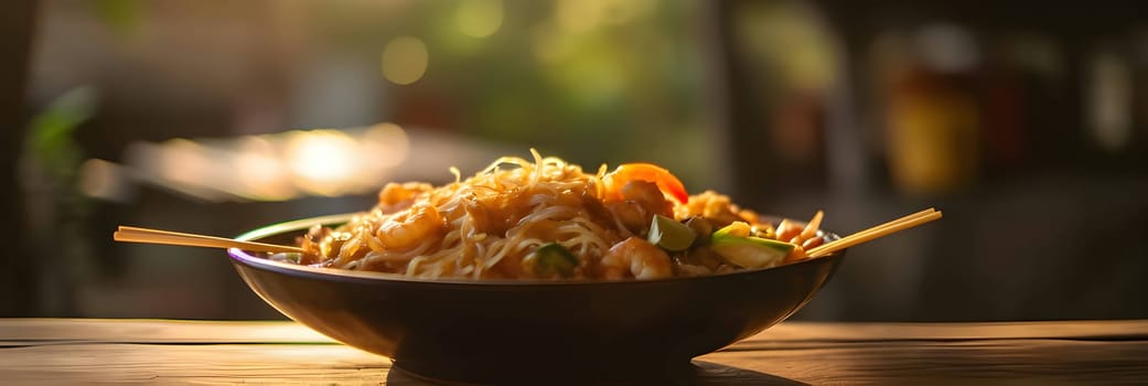 A side photo captures a platter of vegetable dish with shrimp, set on a table with a blurred background, highlighting the dish's delicious details.