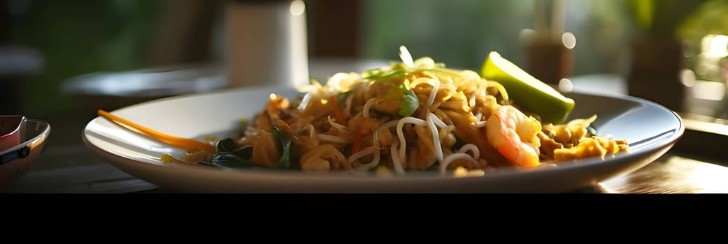 A side photo captures a platter of vegetable dish with shrimp, set on a table with a blurred background, highlighting the dish's delicious details.