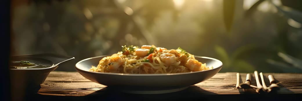 A side photo captures a platter of vegetable dish with shrimp, set on a table with a blurred background, highlighting the dish's delicious details.