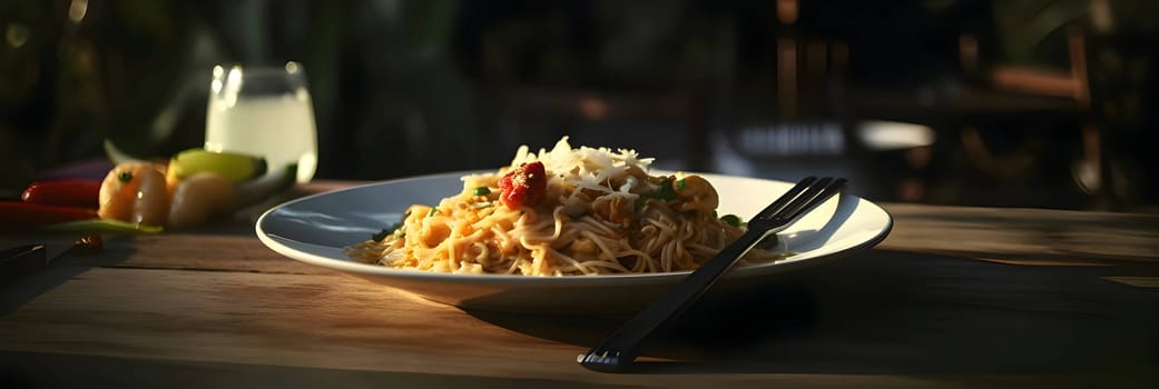 A side photo captures a platter of vegetable dish with shrimp, set on a table with a blurred background, highlighting the dish's delicious details.