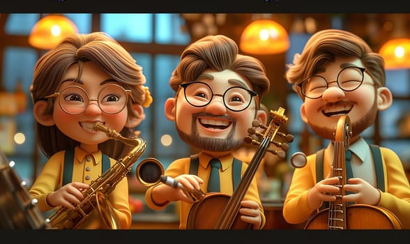 Animated musicians play different musical instruments. Selective focus.