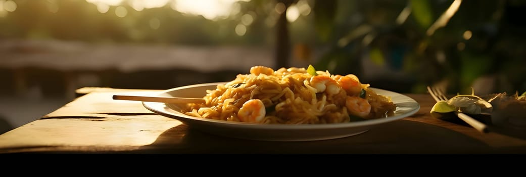 A side photo captures a platter of vegetable dish with shrimp, set on a table with a blurred background, highlighting the dish's delicious details.