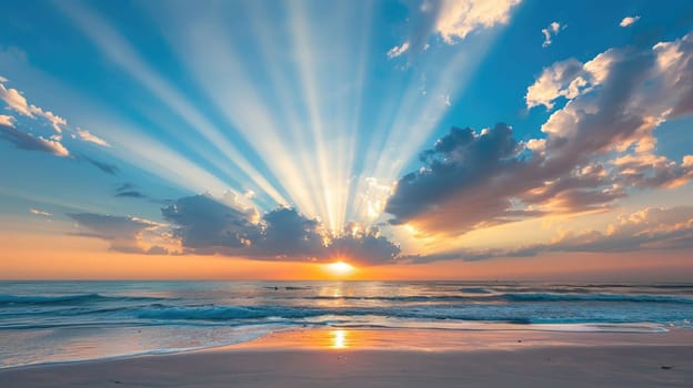The suns rays pierce through the cumulus clouds above the ocean, creating a stunning natural landscape of light and shadows on the waters surface AIG50