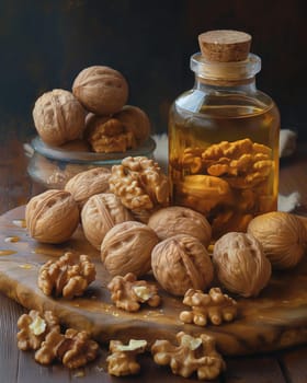 Walnut Oil and Whole Walnuts on Table. Selective focus.