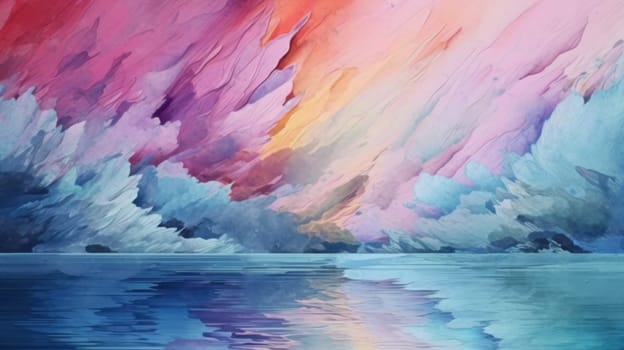 Abstract watercolor painting of a cave with stalactite-like formations in pastel colors reflecting in water. Abstract art painted by pink and blue color with pastel watercolor brushstroke. AIG35.