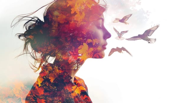 The closeup double exposure picture between young adult beautiful female caucasian human and bright beautiful nature in the morning or evening that the picture stand for peaceful of the life. AIGX01.