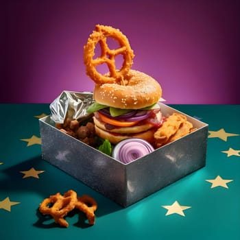 A delicious burger accompanied by crispy nuggets, neatly placed in a box, sits on a table, ready to be enjoyed. A tempting combination of flavors and textures awaits.