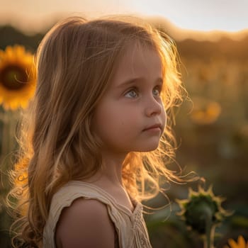 Close-up of a young girl with a contemplative gaze among sunflowers during a serene sunset. A little girl lost in thought amid a field of towering sunflowers at sunset. AIG50