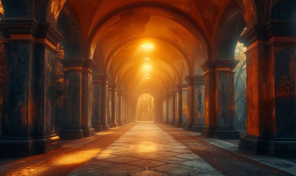 Autumn Sunrise in Arched Corridor. Selective focus.