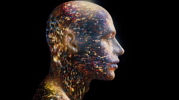 Digital portrait of a man made with cityscape pixel mosaic. Close up of human face made up colorful pixel with abstract art pattern. Concept art for music album cover and technology theme. AIG35.