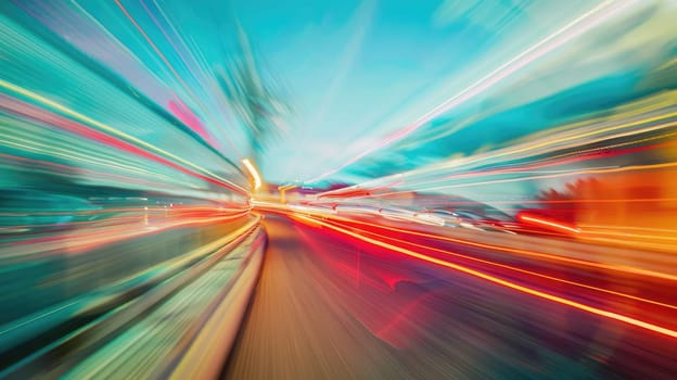 A vibrant magenta lens flare illuminates the electric blue automotive lighting on the car as it speeds down the highway at night, under a starry sky AIG50
