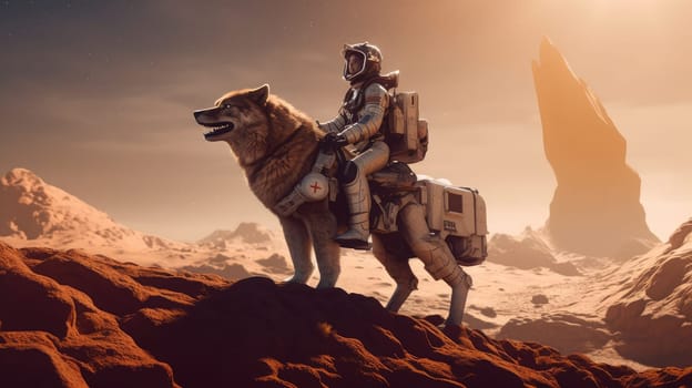 An image of astronaut riding a large wolf on an alien planet, digital art. Sci-fi and fantasy concept, ideal for game art, and movie posters. Professional spaceman explore planet with dog. AIG35.