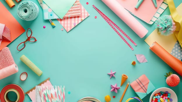 A table decorated with paper flowers, craft supplies, and colorful textiles in shades of green, azure, orange, yellow, and aqua. The vibrant electric blue patterns add an artistic touch AIG50