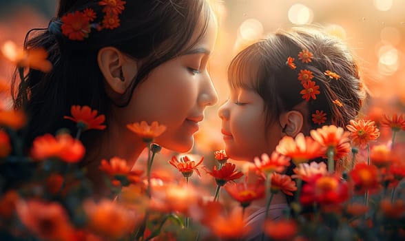 Woman Holding Child in Flower Field. Selective focus.