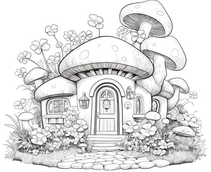 Black and white illustration for coloring fairy house, building. Selective soft focus.