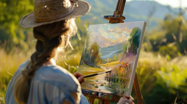 A woman is joyfully painting a landscape on an easel in a field, surrounded by grass and under the open sky, capturing the beauty of nature through art AIG50