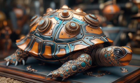 Mechanical turtle on an abstract background. Selective focus.