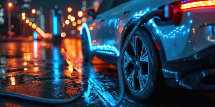 A picture about the electric vehicle that has been charging at the charging station and has been connected with the charger that has been connecting to the electric vehicle to become new tech. AIGX01.