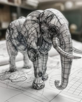 Wireframe Elephant Design in Modern Office. Selective focus.