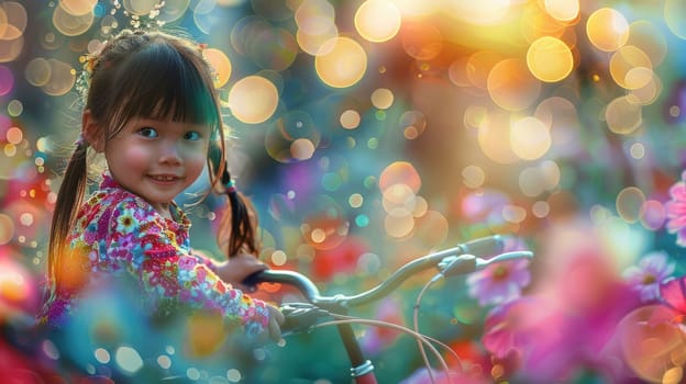A toddler is happily riding a bicycle in a public space, with balloons in the background. Her smile and facial expression show she is having fun during a leisure event, sharing joy with others AIG50
