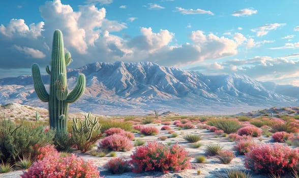 Desert Scene With Cactus and Mountains. Selective focus.