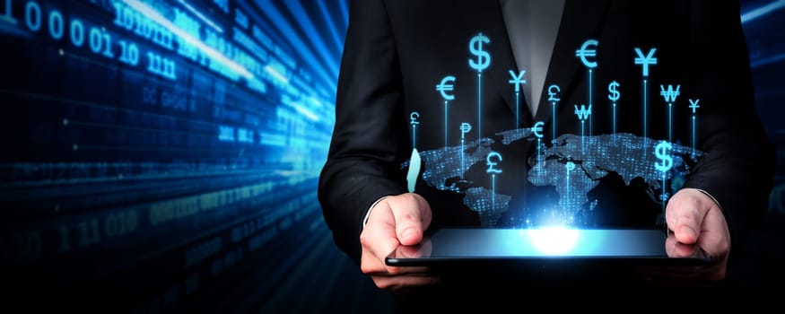 Business person innovates in currency exchange, blending finance with technology for smoother transactions. Elevates the money exchange experience, marking a new era in finance. FaaS
