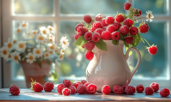 White Pitcher With Raspberries on Table. Selective focus.