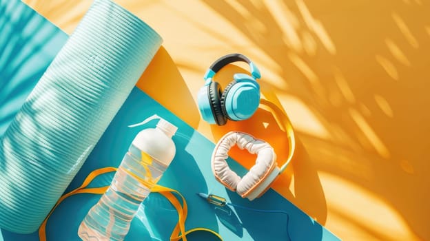 A pair of headphones, a water bottle, and sunglasses are resting on an azure picnic blanket, creating a vibrant contrast against the electric blue pattern AIG50