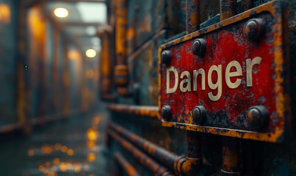 Rusty Danger Sign at Abandoned Site. Selective focus.