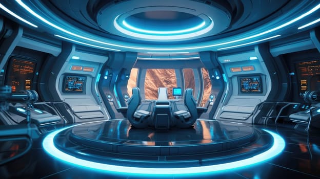 Futuristic spaceship interior with blue. Sci-fi control room concept art. A futuristic room with a glowing orb in the center. Research lab or space station decorated with blue neon color. AIG35.