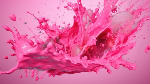 Fluid art explosion in pink and orange tones. Abstract artwork of explosion colored powder motion separated with pink background. Abstract and dynamic movement design concept. Copy space. AIG35.
