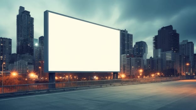 Urban billboard above an empty highway with overcast skies and modern cityscape in the background. A large blank billboard on the side of a highway. The rectangular billboard made of metal. AIG35.